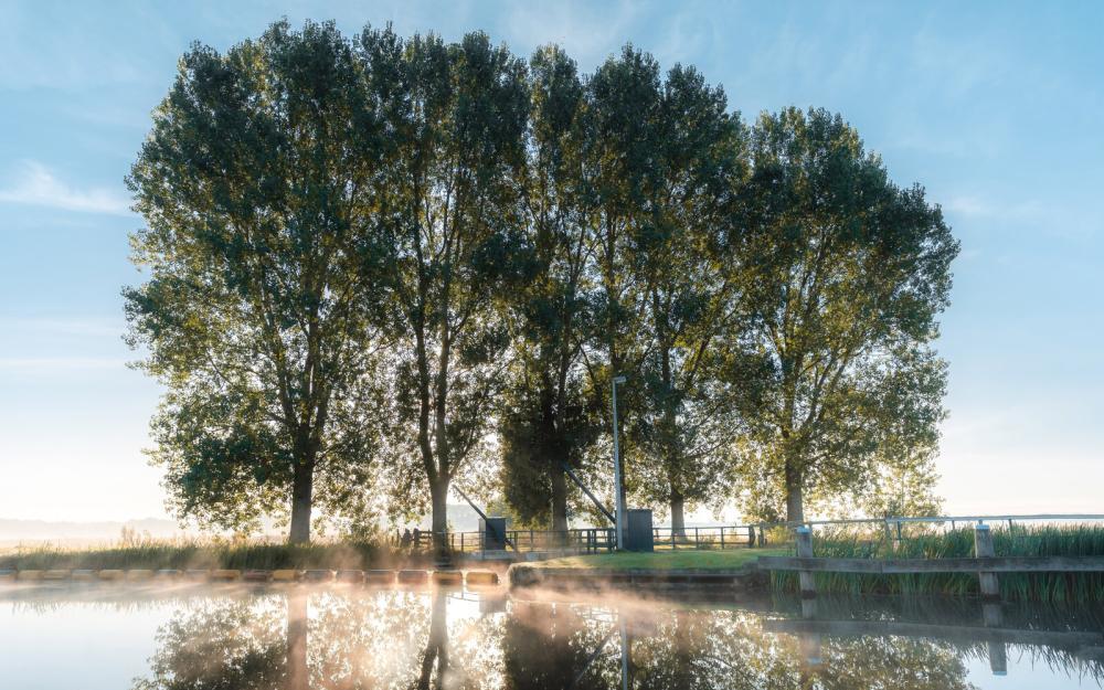 Zonnestralen bij het sluisje van de Tjonger