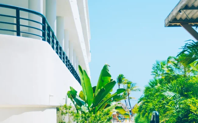 Mangrove Beach hotel uitzicht langs wandelpad langs de appartementen.